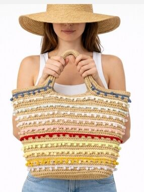 Bay Sky Rainbow Pom-Pom Paper Woven Tote Bag RN#122405, NWOT